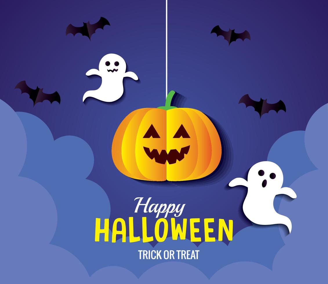 Halloween zucca cartone animato sospeso con pipistrelli e fantasmi vettore design