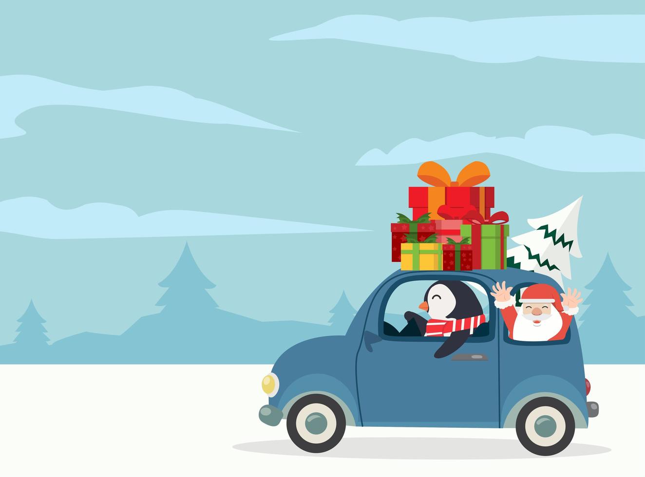 pinguino alla guida di un'auto con scatole regalo e Babbo Natale vettore