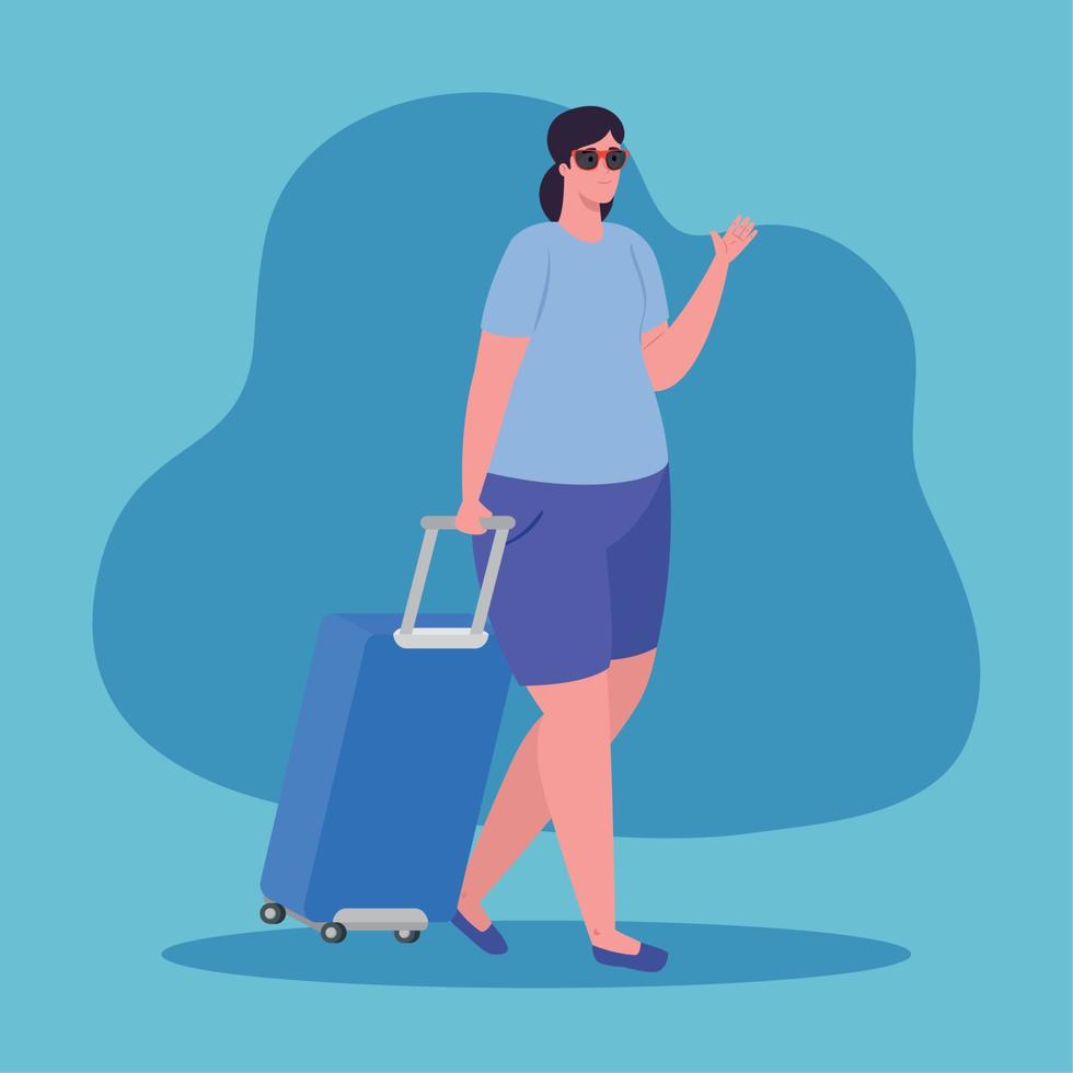 turista donna a piedi con bagaglio su blu sfondo vettore