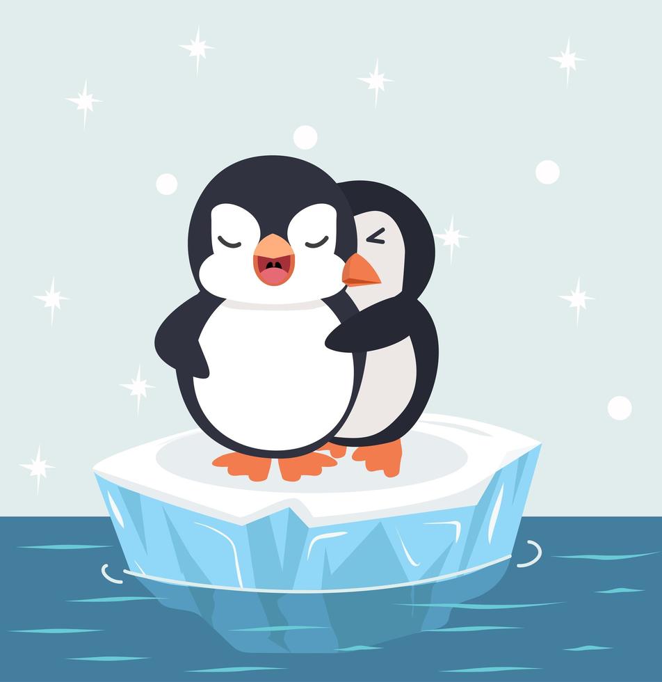 coppia di simpatici pinguini che abbracciano sul vettore di lastrone di ghiaccio