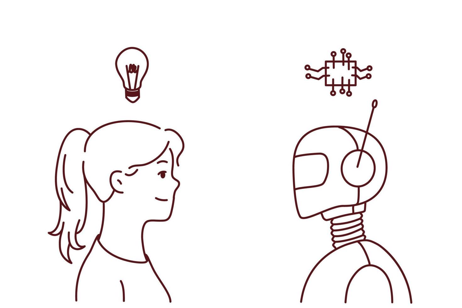 giovane donna con lampadina sopra testa e robot scambio pensieri creare idee. concetto di artificiale intelligenza e umano intelletto. vettore illustrazione.