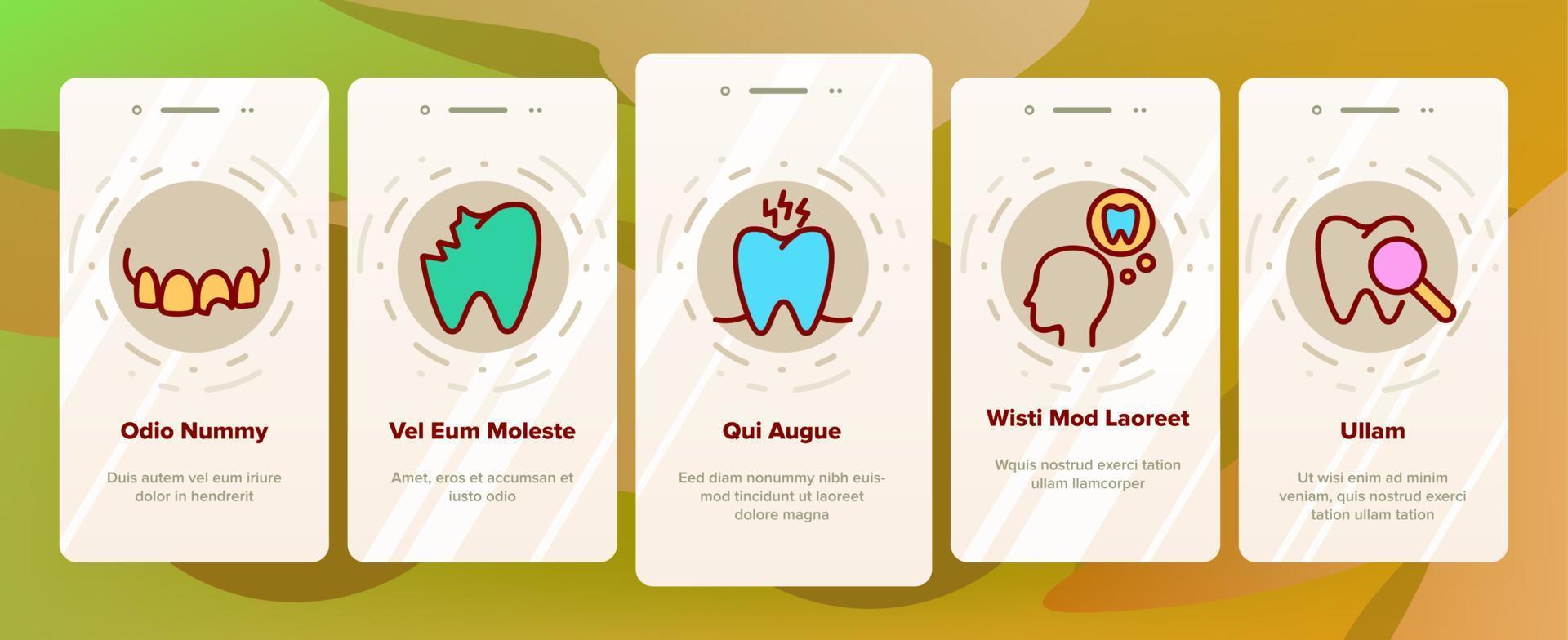 mal di denti onboarding icone impostato vettore