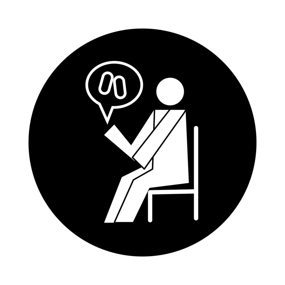 umano seduto su una sedia con capsule stile blocco pittogramma salute vettore