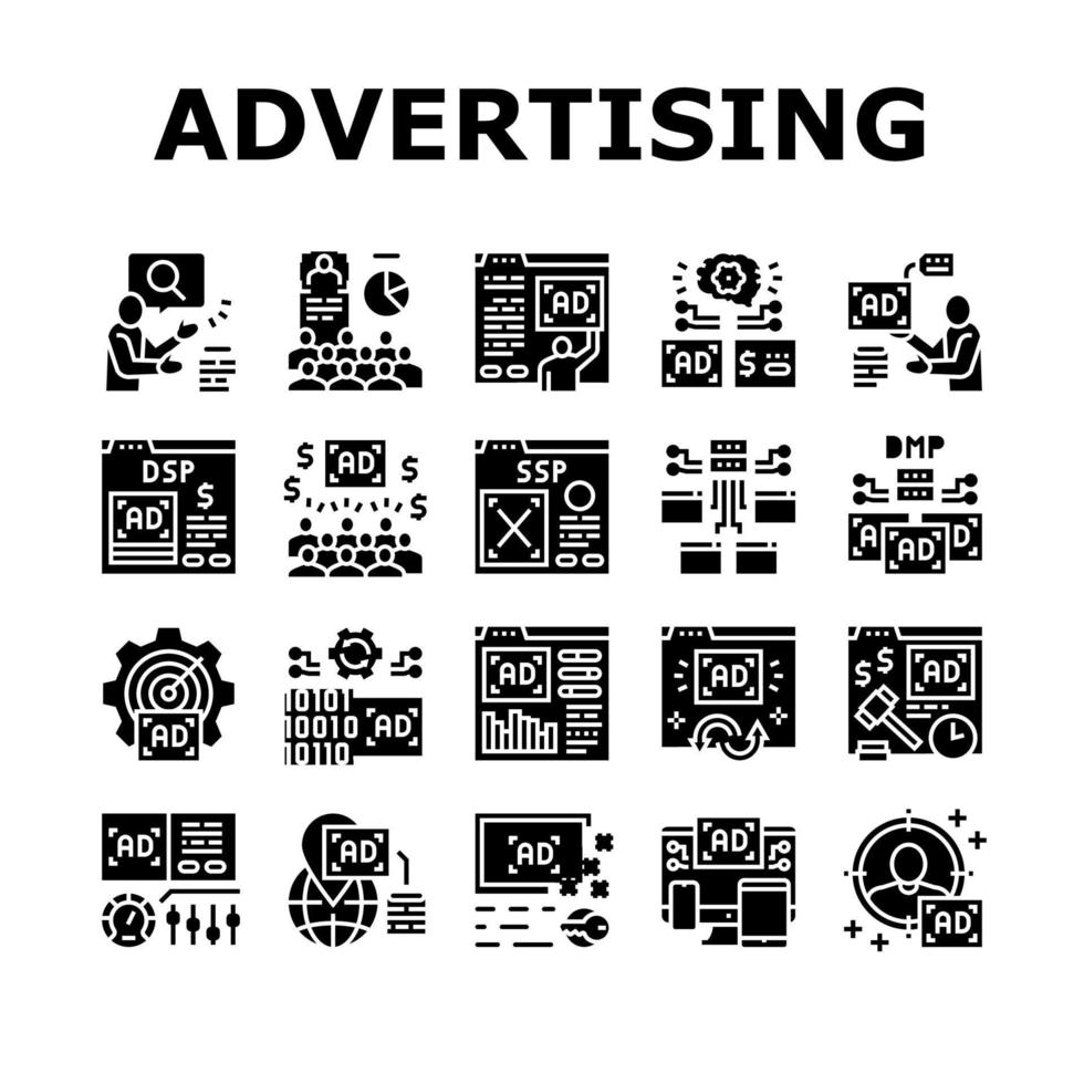programmatico pubblicità servizio icone impostato vettore