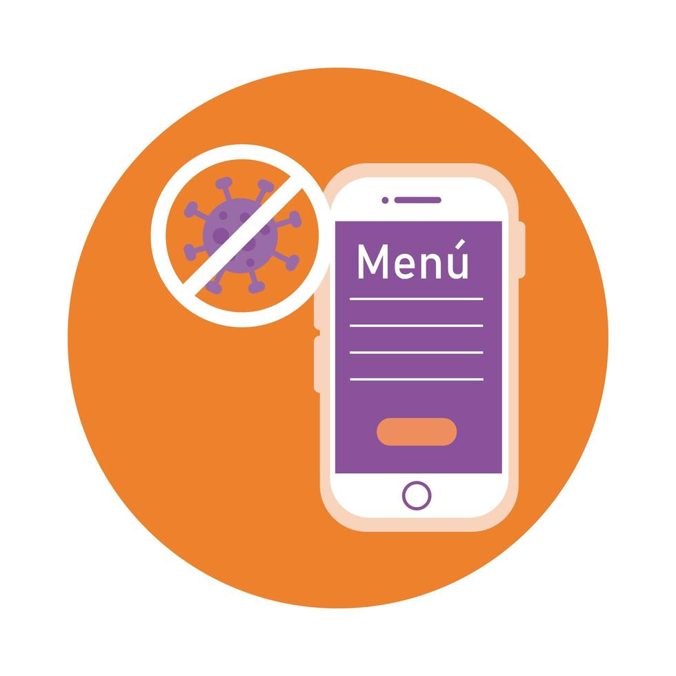 smartphone e menu ristorante con blocco stile blocco covid19 vettore