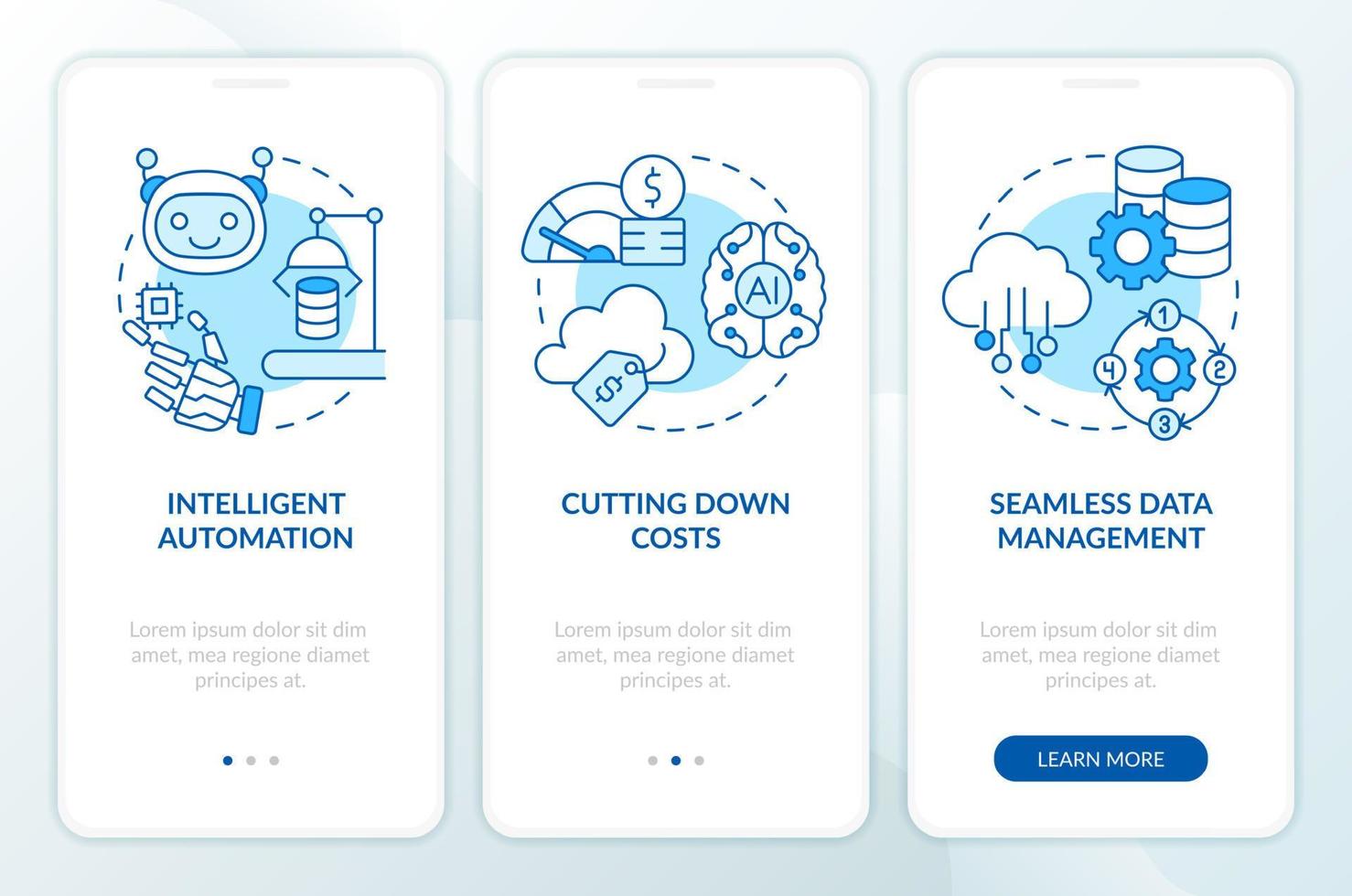 robotica nel dati calcolo benefici blu onboarding mobile App schermo. Procedura dettagliata 3 passaggi modificabile grafico Istruzioni con lineare concetti. ui, ux, gui modello. miriade pro-audace, regolare font Usato vettore