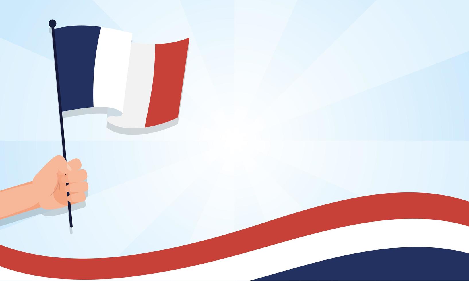 mano che tiene la bandiera della Francia per il disegno vettoriale felice giorno della bastiglia