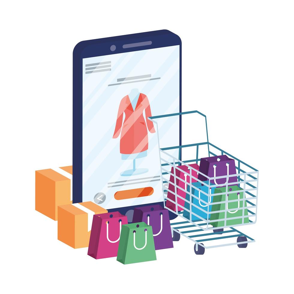 ecommerce online con smartphone e carrello vettore