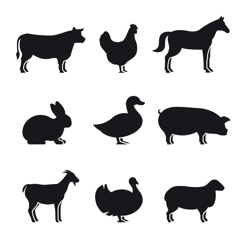 azienda agricola animali sagome icone impostare. nero su un' bianca sfondo vettore