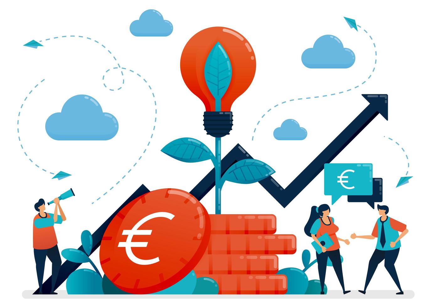 idee per investimenti. interessi bancari e crescita del risparmio. metafora della lampadina nella pianta della moneta in euro. fondi comuni di investimento per investimenti bancari. illustrazione vettoriale, disegno grafico, carta, banner, brochure, flyer vettore