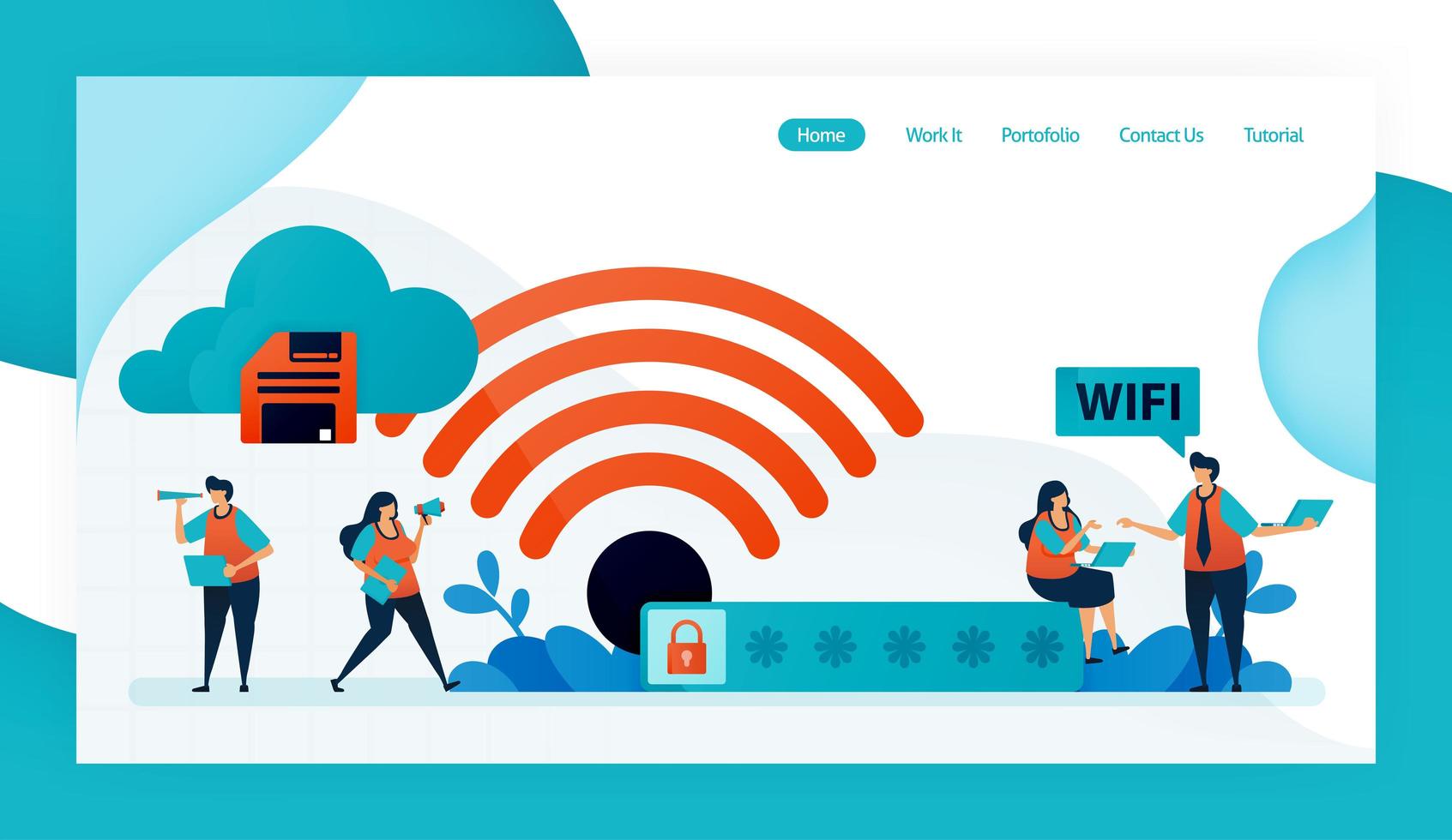 pagina di destinazione e sito Web per connessione e protezione wifi, accesso a Internet con wifi, sicurezza firewall wifi con password, accesso e connessione di sicurezza. annunci di app mobili poster flyer design vettoriale