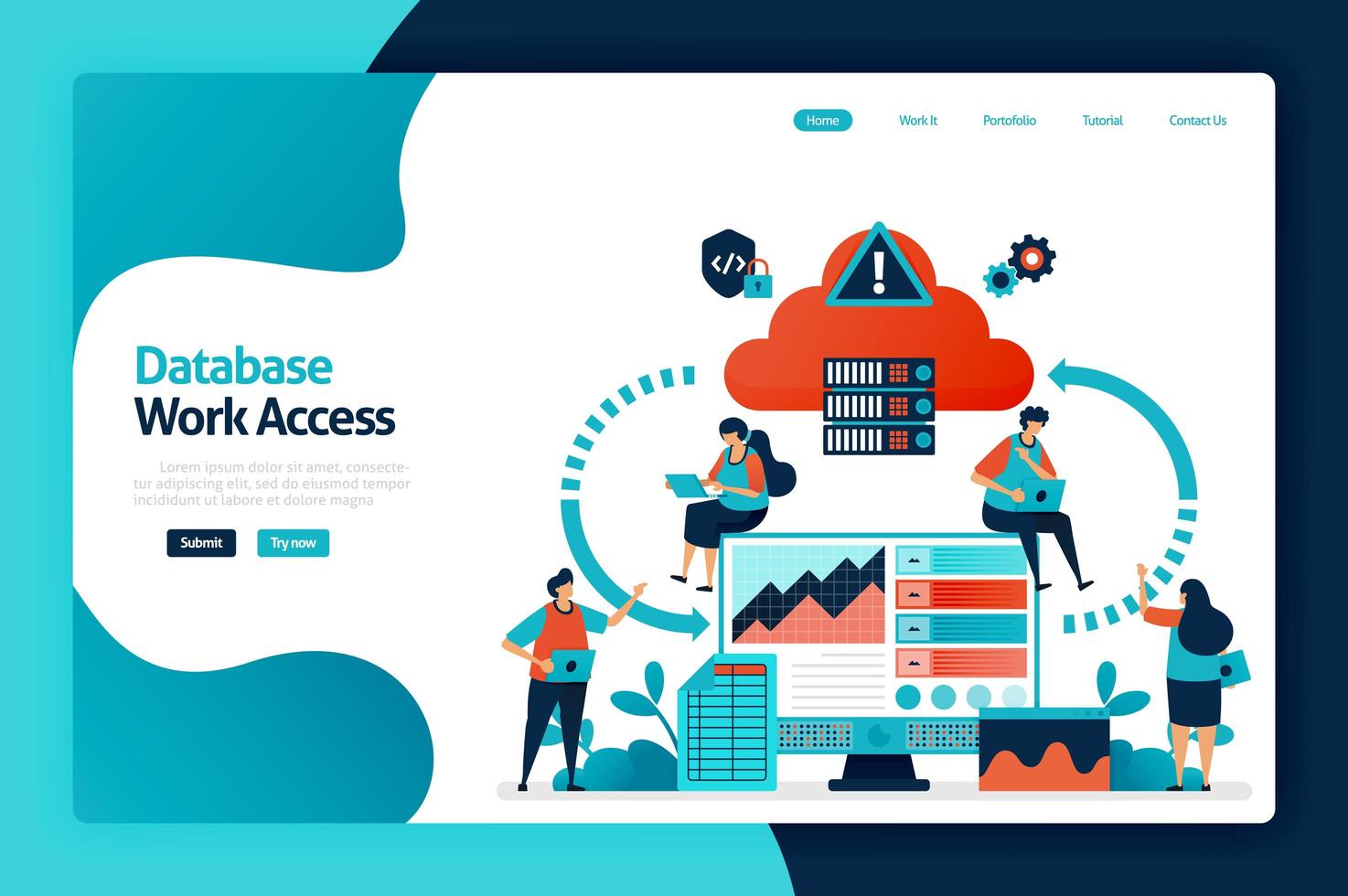 progettazione della pagina di destinazione dell'accesso al lavoro del database. flusso di rete del database e accesso alla connessione. dispositivo di comunicazione con archiviazione cloud informatica. illustrazione vettoriale per poster, sito Web, flyer, app mobile