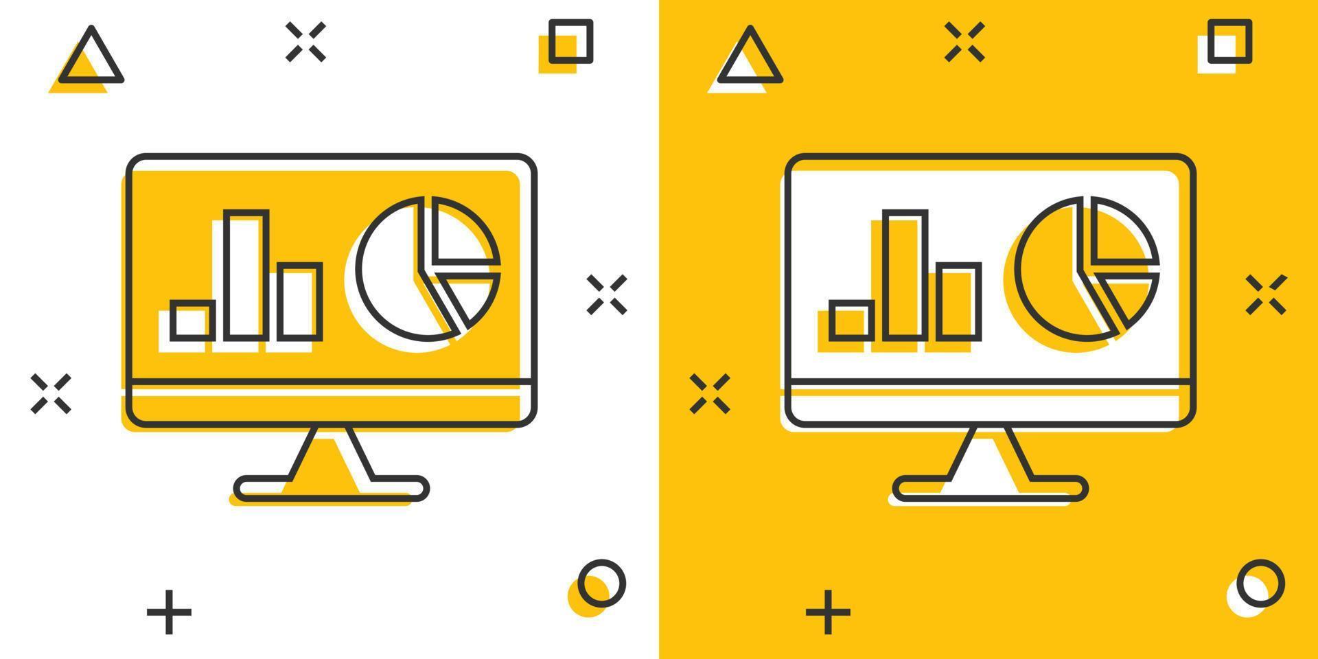 sito web analitica icona nel comico stile. SEO dati cartone animato vettore illustrazione su bianca isolato sfondo. computer diagramma spruzzo effetto attività commerciale concetto.