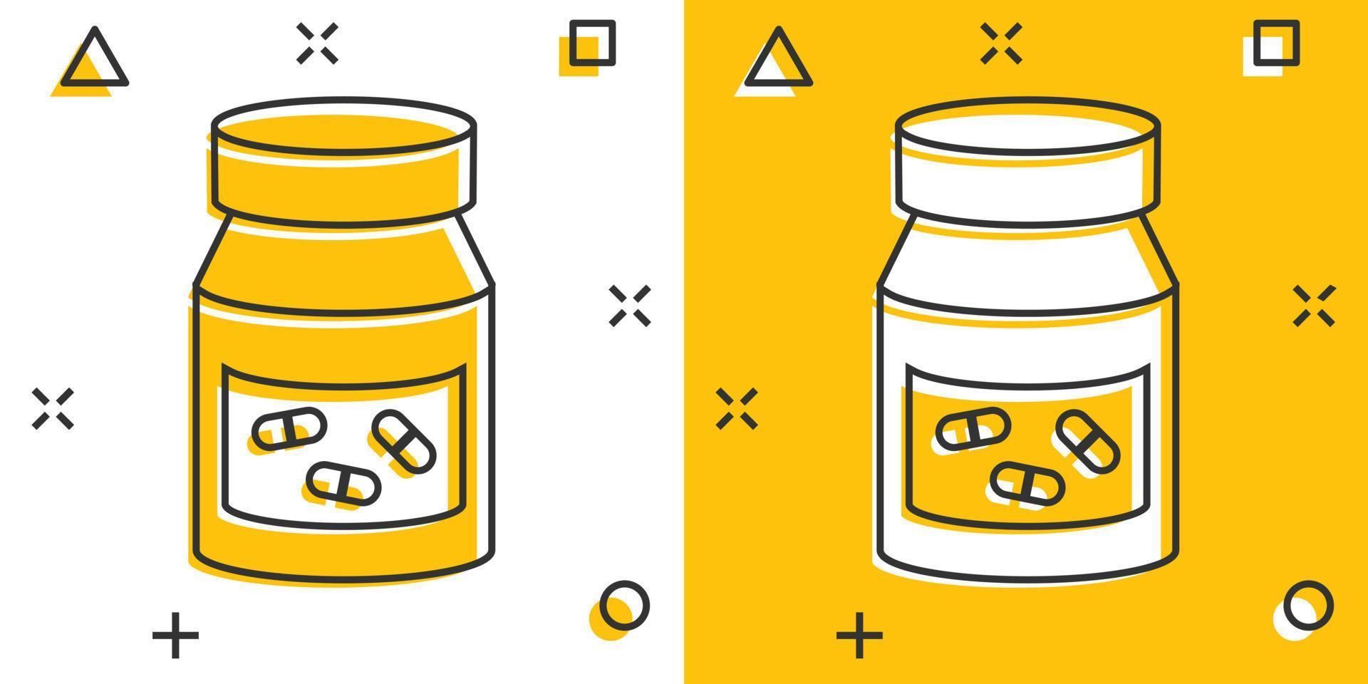 pillola bottiglia icona nel comico stile. farmaci cartone animato vettore illustrazione su bianca isolato sfondo. farmacia spruzzo effetto attività commerciale concetto.