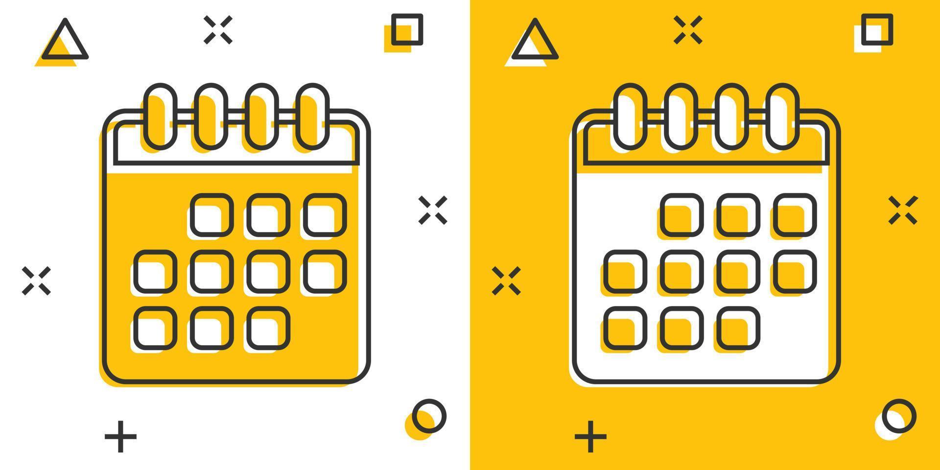 calendario icona nel comico stile. ordine del giorno cartone animato vettore illustrazione su bianca isolato sfondo. programma progettista spruzzo effetto attività commerciale concetto.