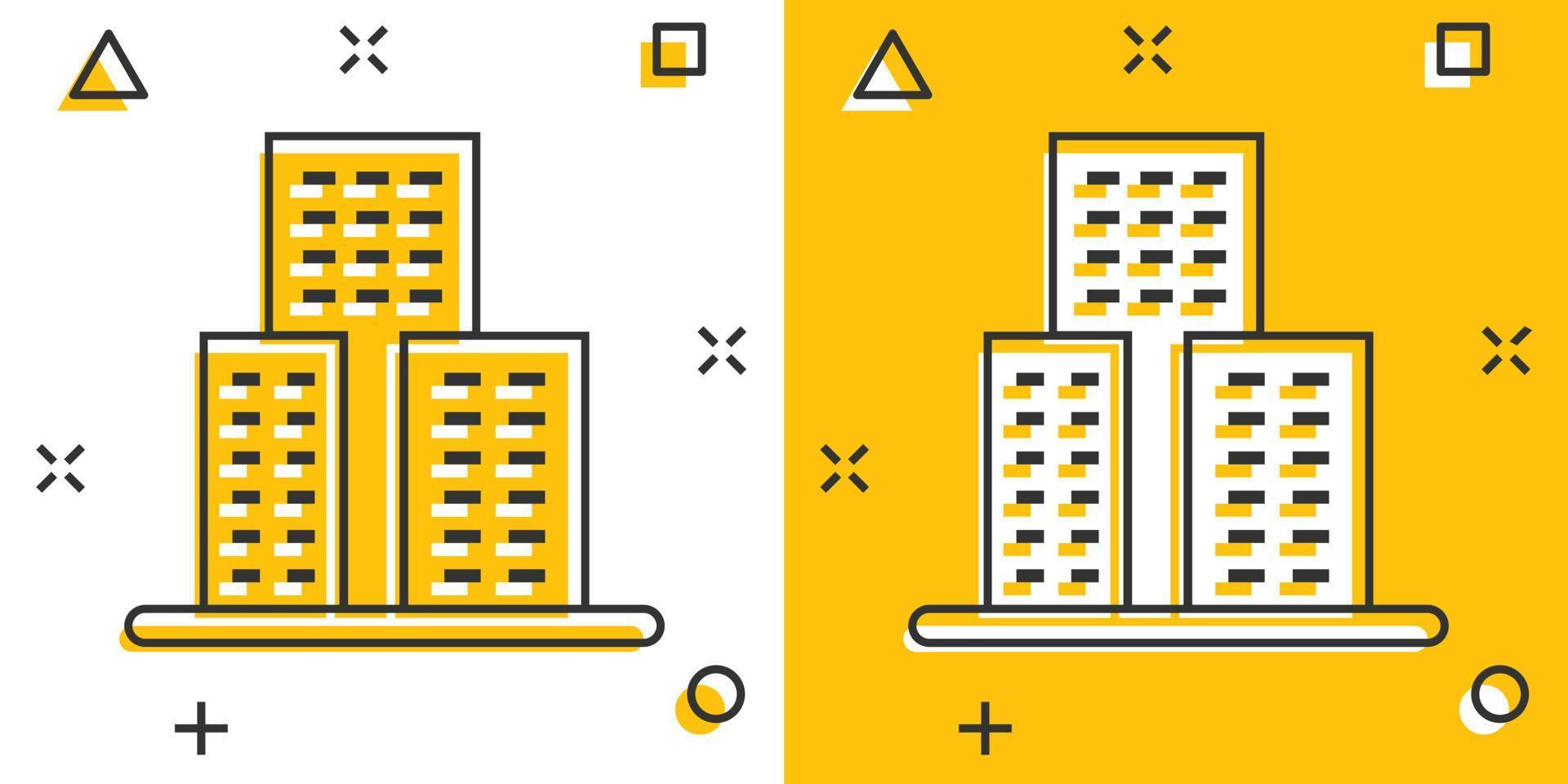 edificio icona nel comico stile. cittadina grattacielo appartamento cartone animato vettore illustrazione su bianca isolato sfondo. città Torre spruzzo effetto attività commerciale concetto.