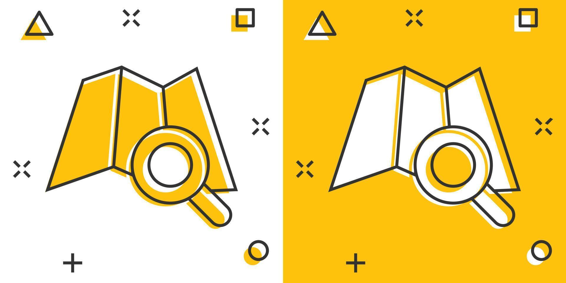 carta geografica con lente d'ingrandimento icona nel comico stile. GPS navigazione cartone animato vettore illustrazione su bianca isolato sfondo. individuare posizione spruzzo effetto attività commerciale concetto.