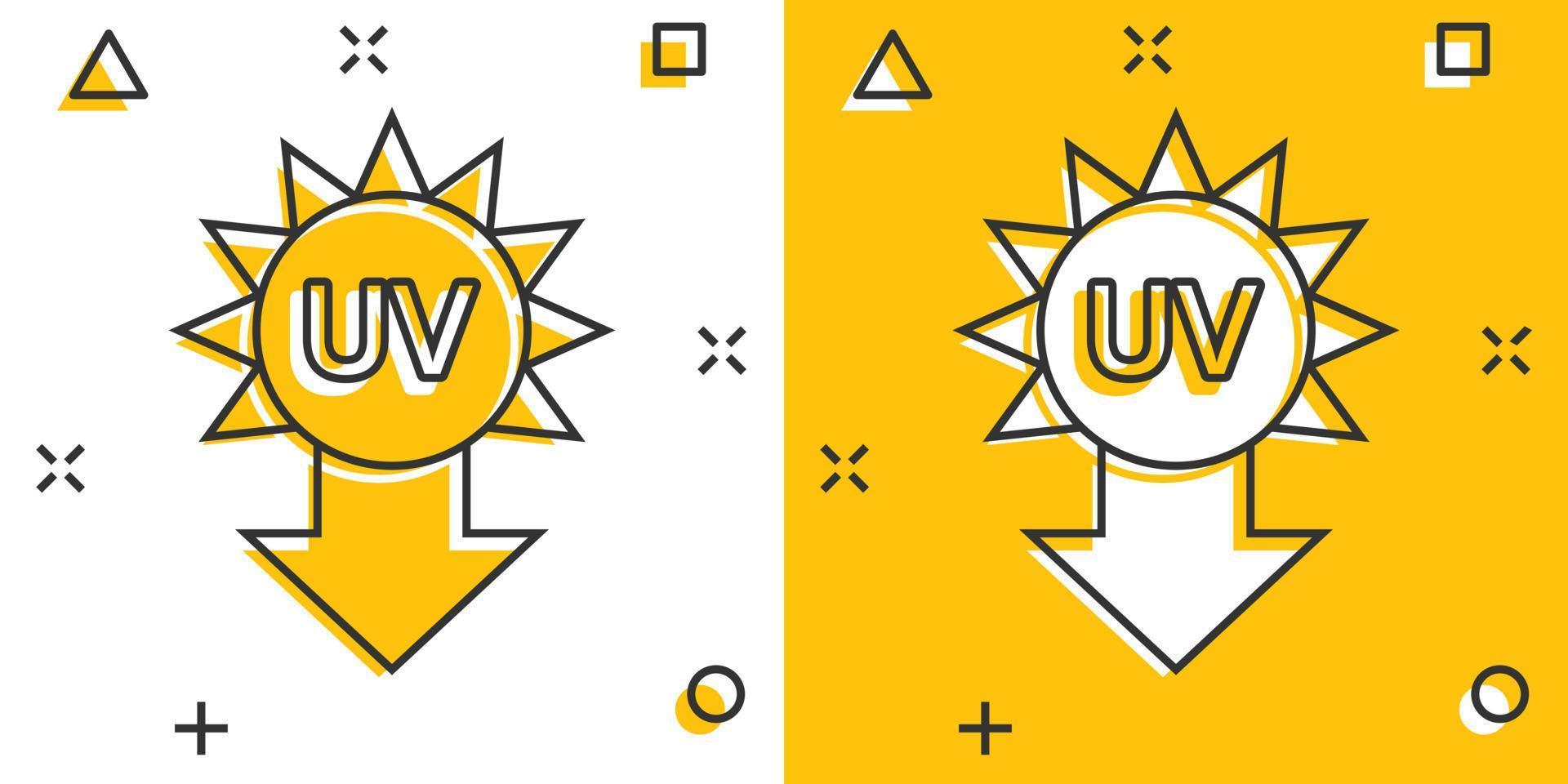 uv radiazione icona nel comico stile. ultravioletto cartone animato vettore illustrazione su bianca isolato sfondo. solare protezione spruzzo effetto attività commerciale concetto.