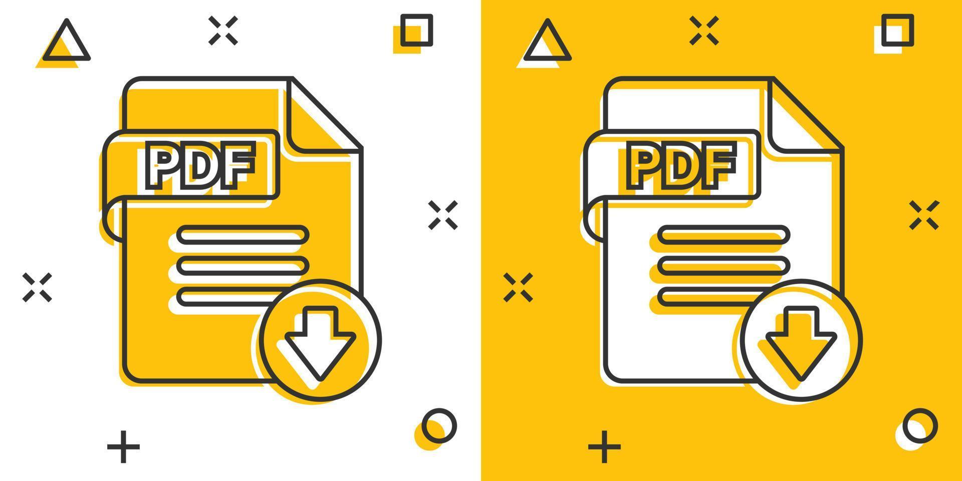 PDF icona nel comico stile. documento testo vettore cartone animato illustrazione su bianca isolato sfondo. archivio spruzzo effetto attività commerciale concetto.