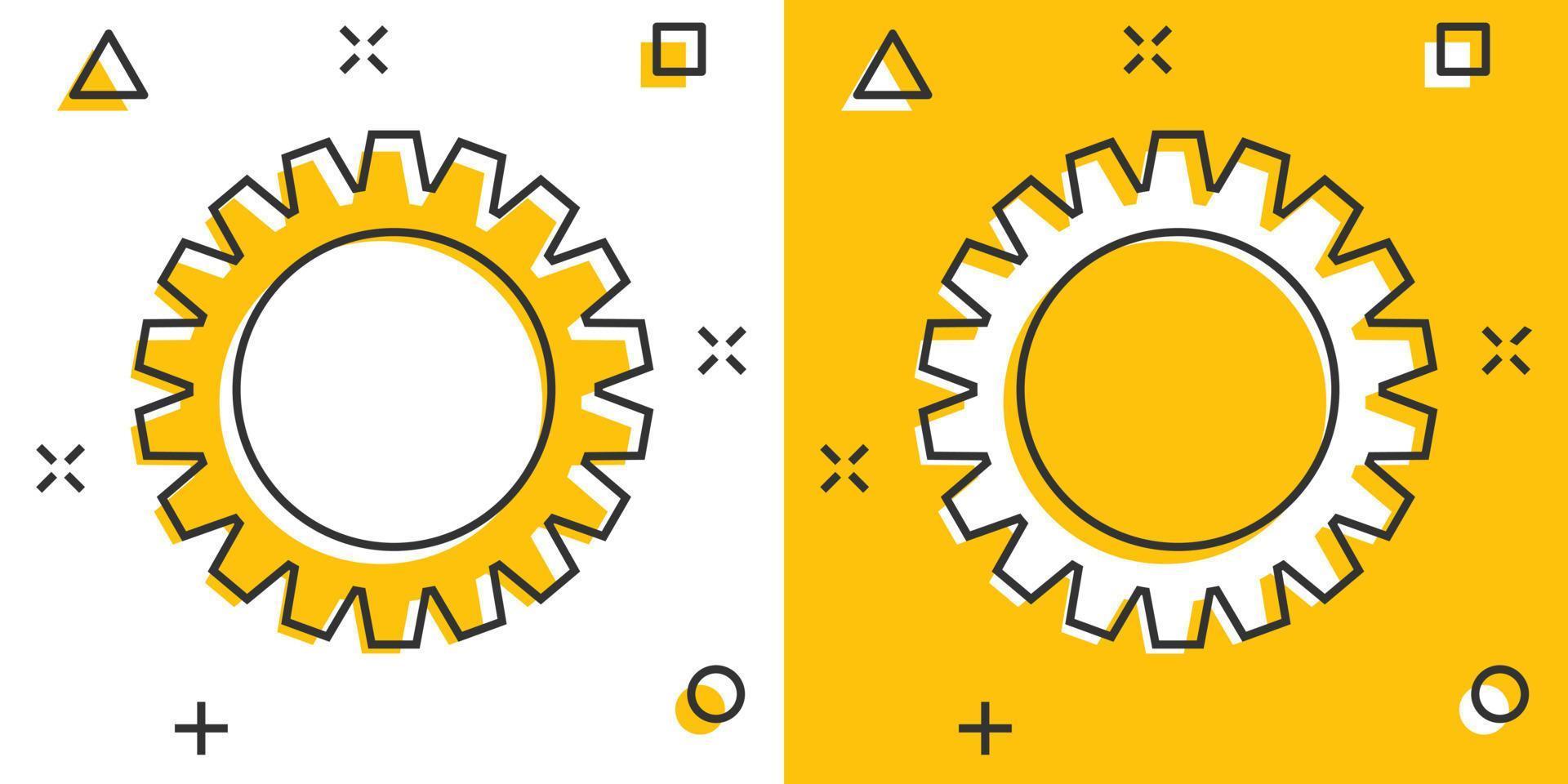 Ingranaggio vettore icona nel comico stile. ingranaggio ruota cartone animato illustrazione su bianca isolato sfondo. ingranaggio ruota dentata spruzzo effetto attività commerciale concetto.