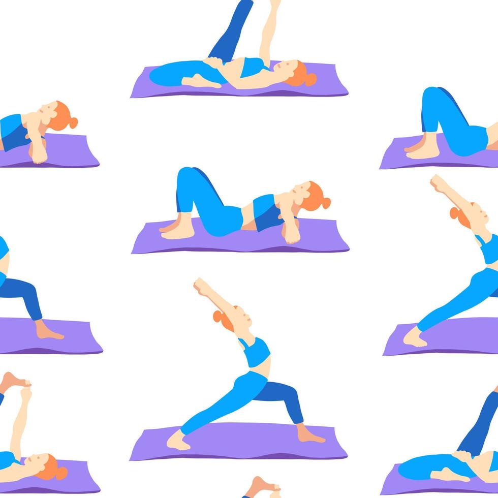 yoga pose con stuoia senza soluzione di continuità modello sfondo. Zenzero europeo femmina donna ragazza. vettore illustrazione nel cartone animato piatto stile isolato su bianca sfondo.