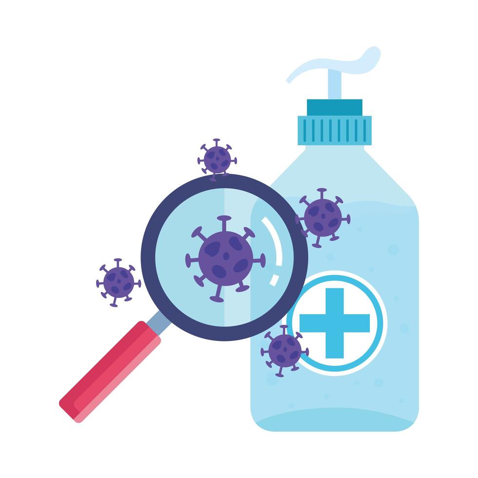 particelle covid19 con lente d'ingrandimento e bottiglia di alcol vettore