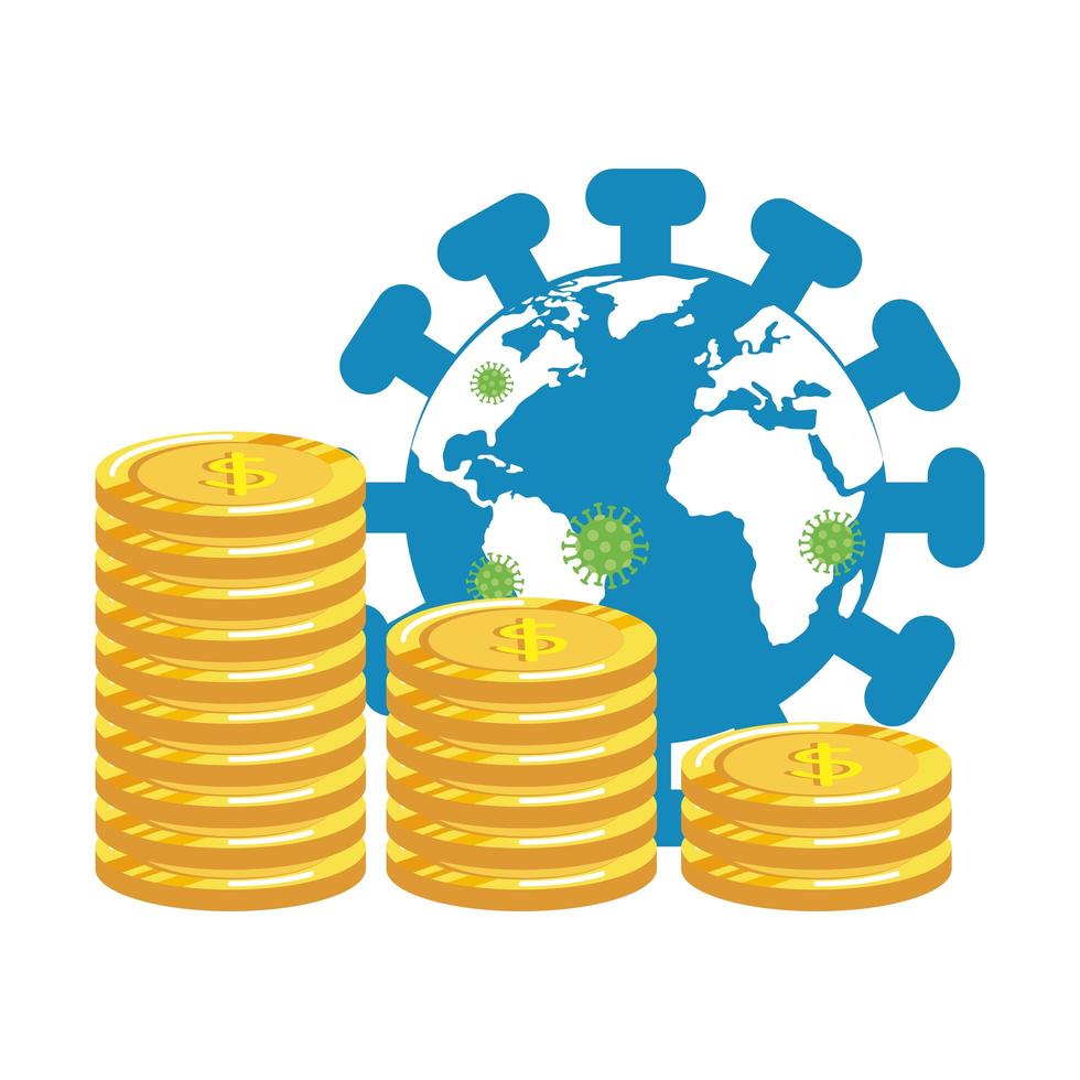 pianeta del mondo con particelle covid 19 e pile di monete vettore