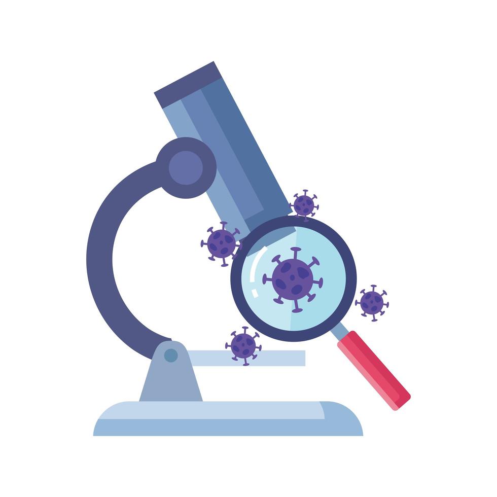 covid19 particelle con lente d'ingrandimento e microscopio vettore