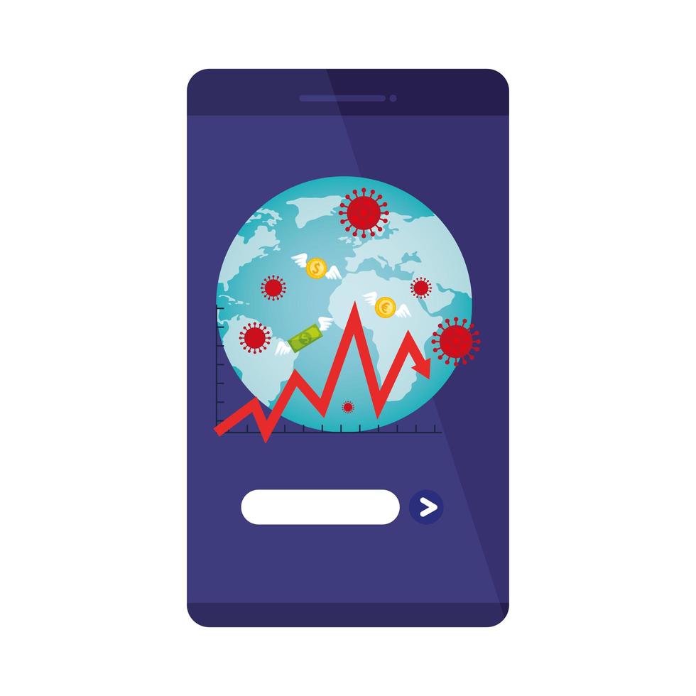 pianeta terra di covid19 in smartphone con freccia di statistiche e denaro vettore