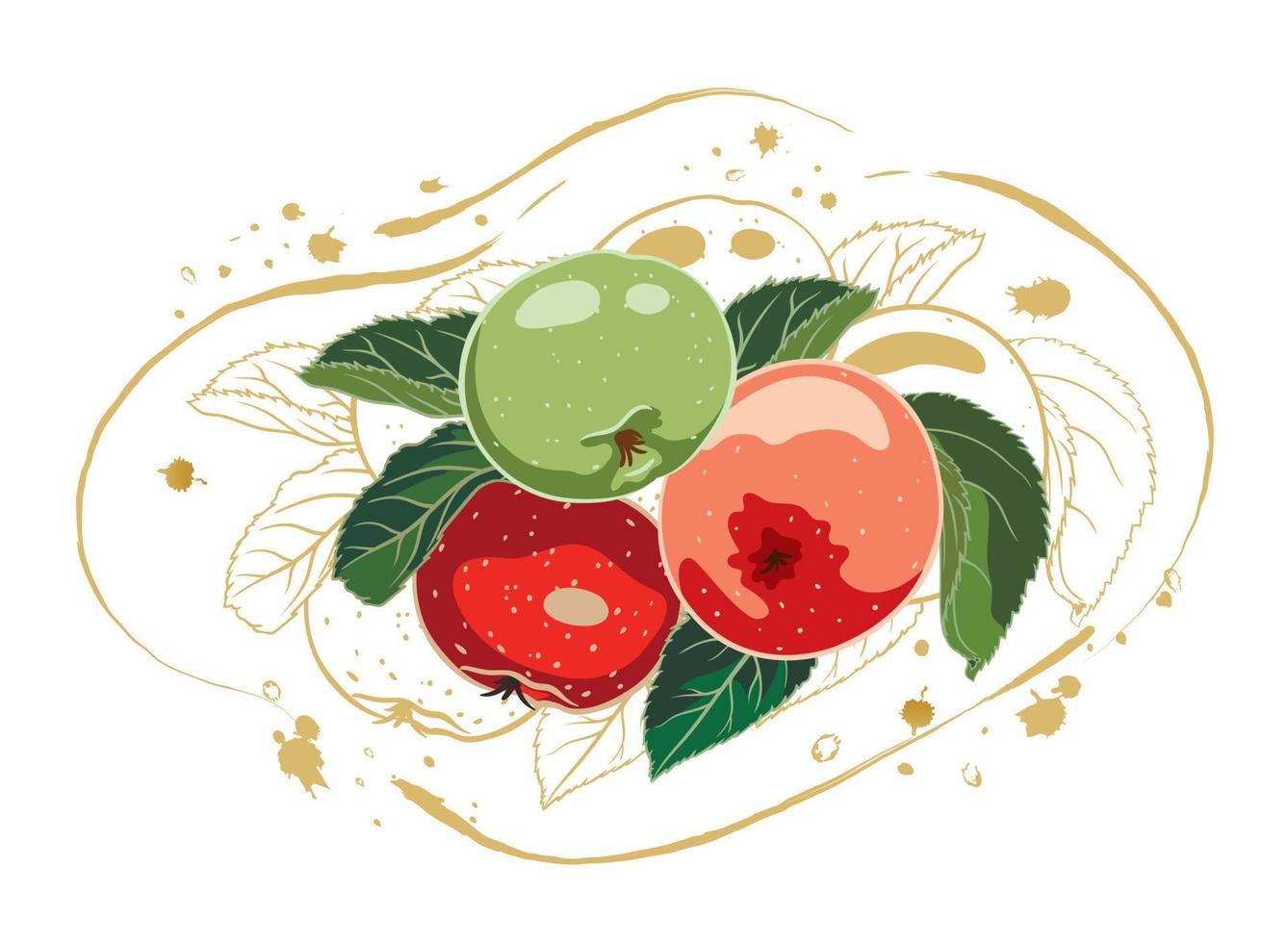 composizione di rosso e verde mele con le foglie su il sfondo di un' d'oro contorno. vettore illustrazione