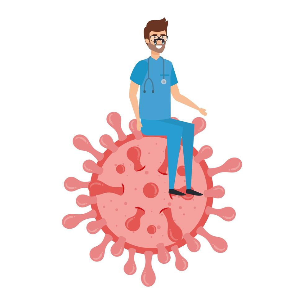 paramedico con icona isolata di particella covid 19 vettore