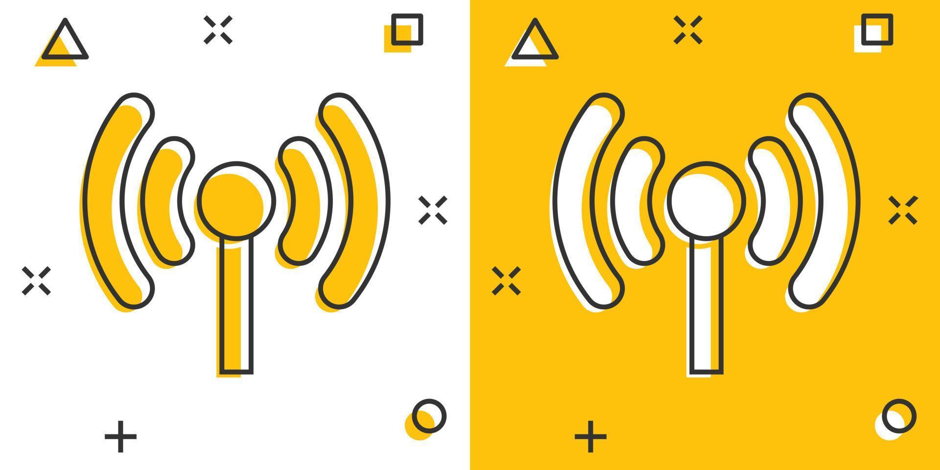 Wi-Fi Internet icona nel comico stile. Wi-Fi senza fili tecnologia vettore cartone animato illustrazione pittogramma. Rete Wi-Fi attività commerciale concetto spruzzo effetto.