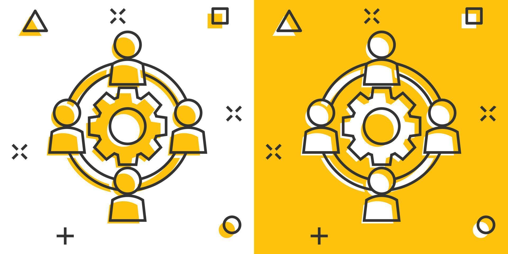 vettore cartone animato esternalizzazione collaborazione icona nel comico stile. persone cooperazione concetto illustrazione pittogramma. lavoro di squadra attività commerciale spruzzo effetto concetto.