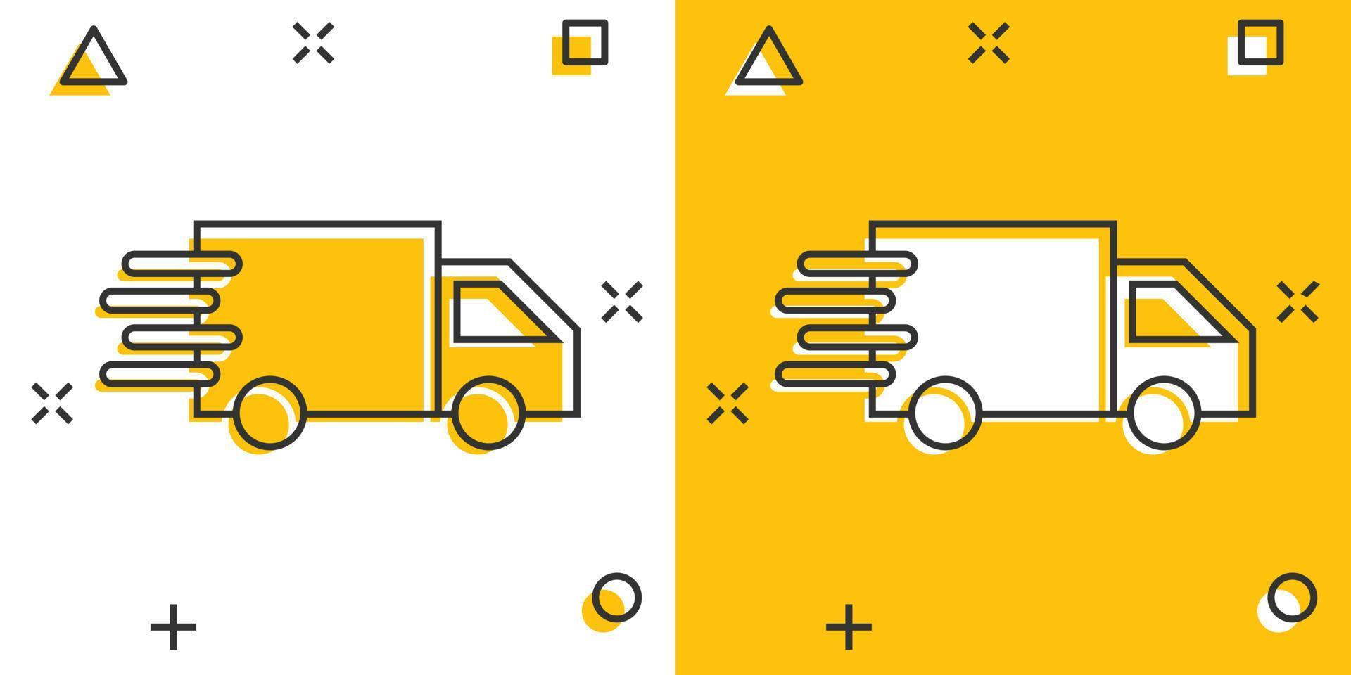 consegna camion cartello icona nel comico stile. furgone vettore cartone animato illustrazione su bianca isolato sfondo. carico auto attività commerciale concetto spruzzo effetto.