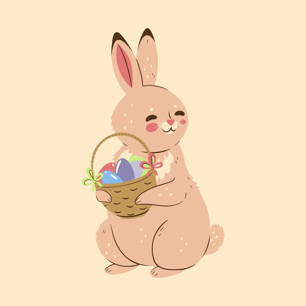 carino Pasqua coniglietto con un' cestino di uova. vettore grafica.