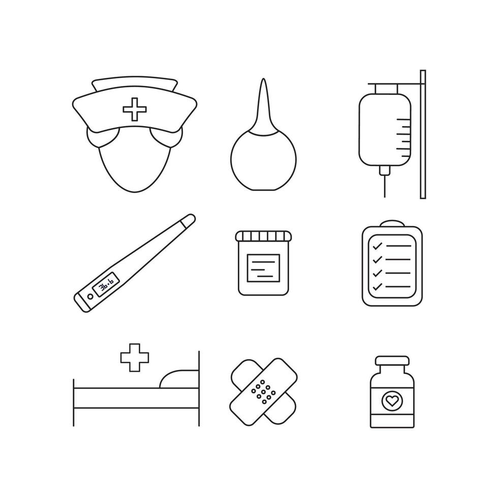 magro linea icone impostato di ospedale e medico cura. schema simbolo collezione. modificabile vettore ictus