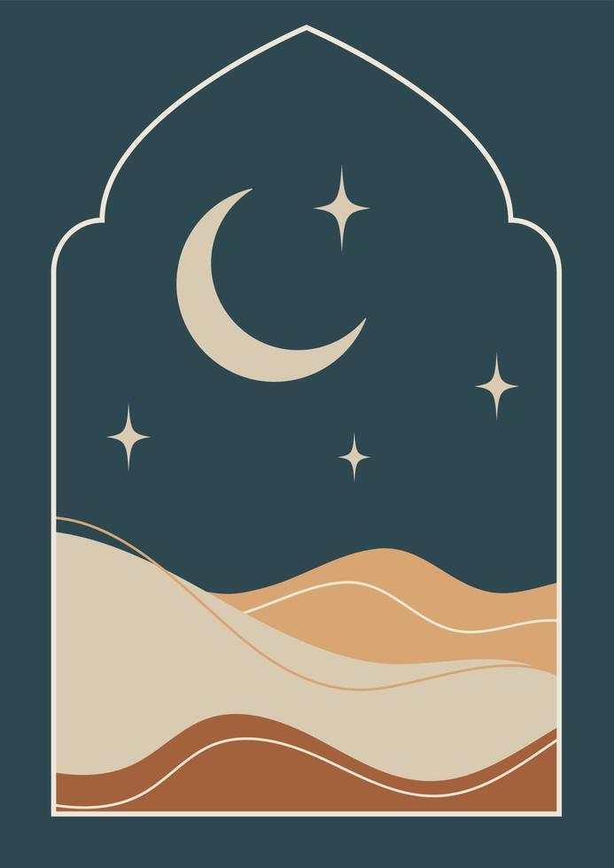 moderno stile Ramadan mubarak saluto carta con retrò boho disegno, Luna e deserto vettore