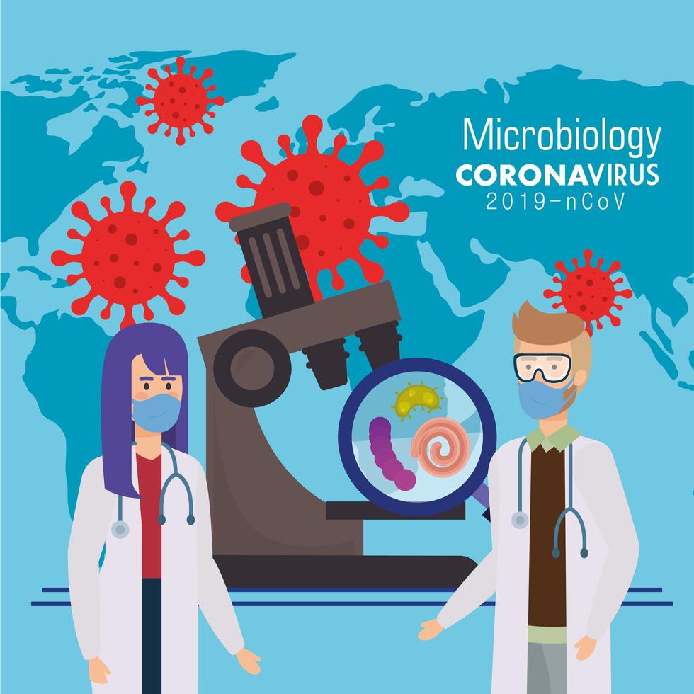 microbiologia per covid 19 con medici e microscopio vettore