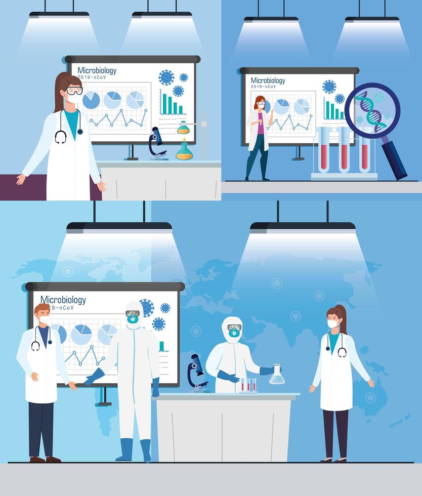 set poster di microbiologia per covid 19 e personale medico vettore