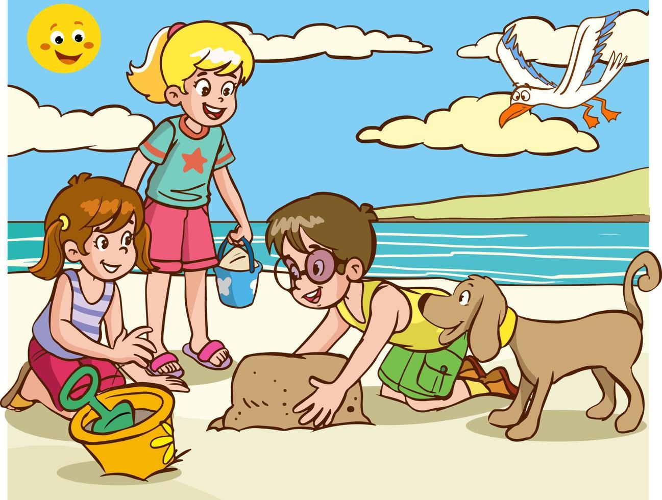 bambini giocando su il spiaggia siamo fabbricazione sabbia castelli cartone animato vettore