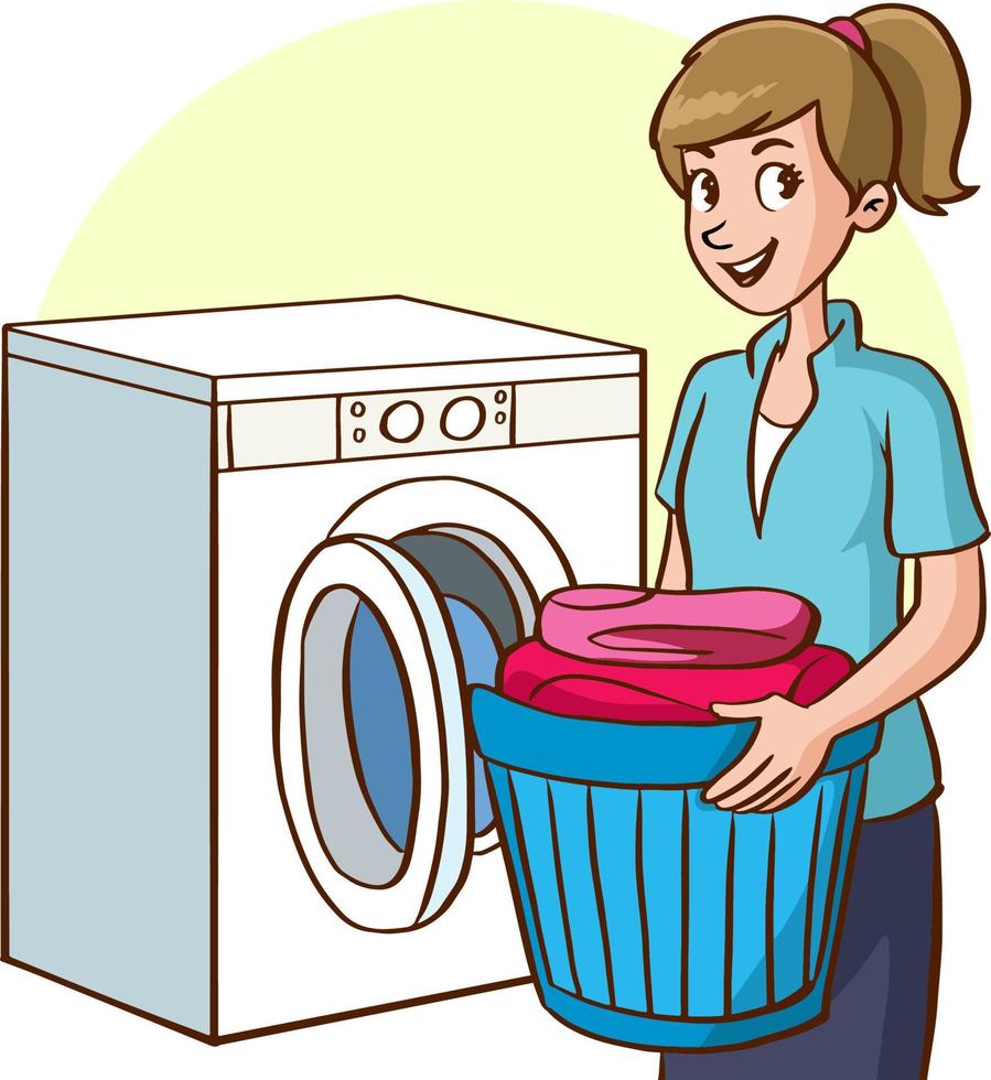 donna lavaggio Abiti nel il lavaggio macchina cartone animato vettore