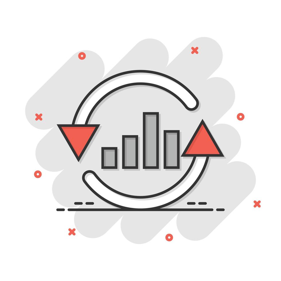 in crescita bar grafico icona nel comico stile. aumentare freccia cartone animato vettore illustrazione su bianca isolato sfondo. Infografica progresso spruzzo effetto attività commerciale concetto.