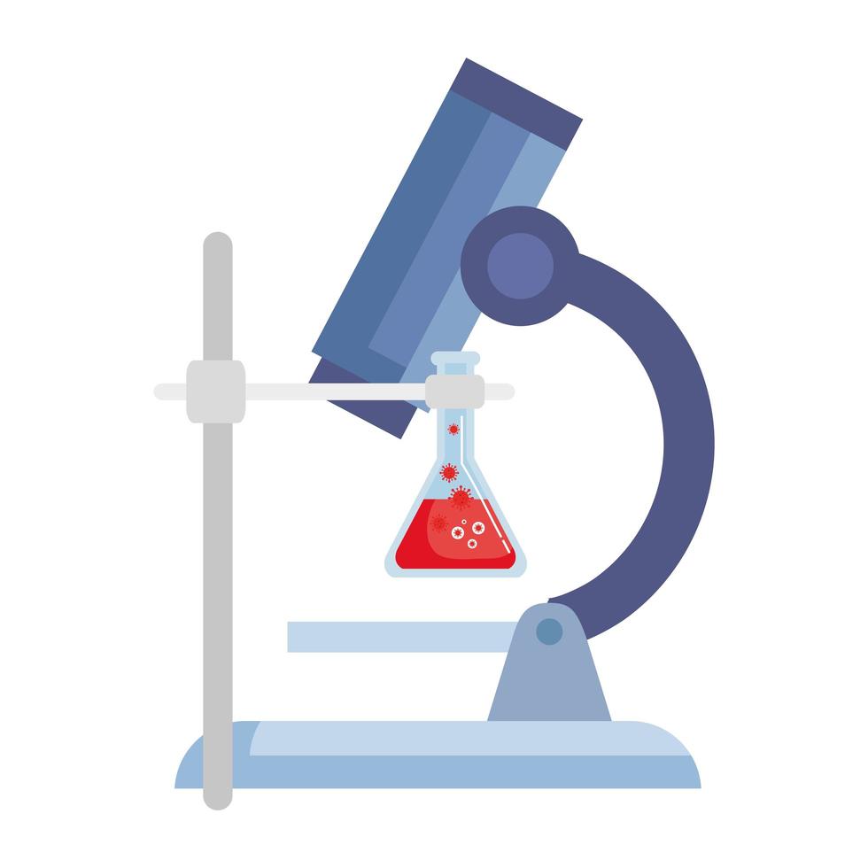 microscopio e provetta con particelle covid 19 vettore