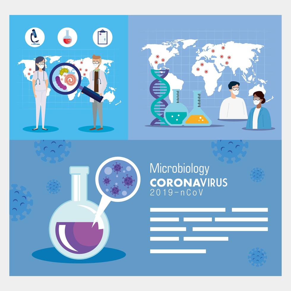 impostare poster di microbiologia per covid 19 e icone mediche vettore