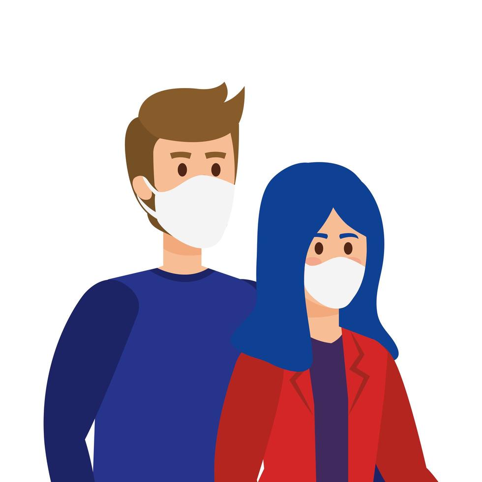 giovane coppia utilizzando la maschera per il viso icona isolata vettore