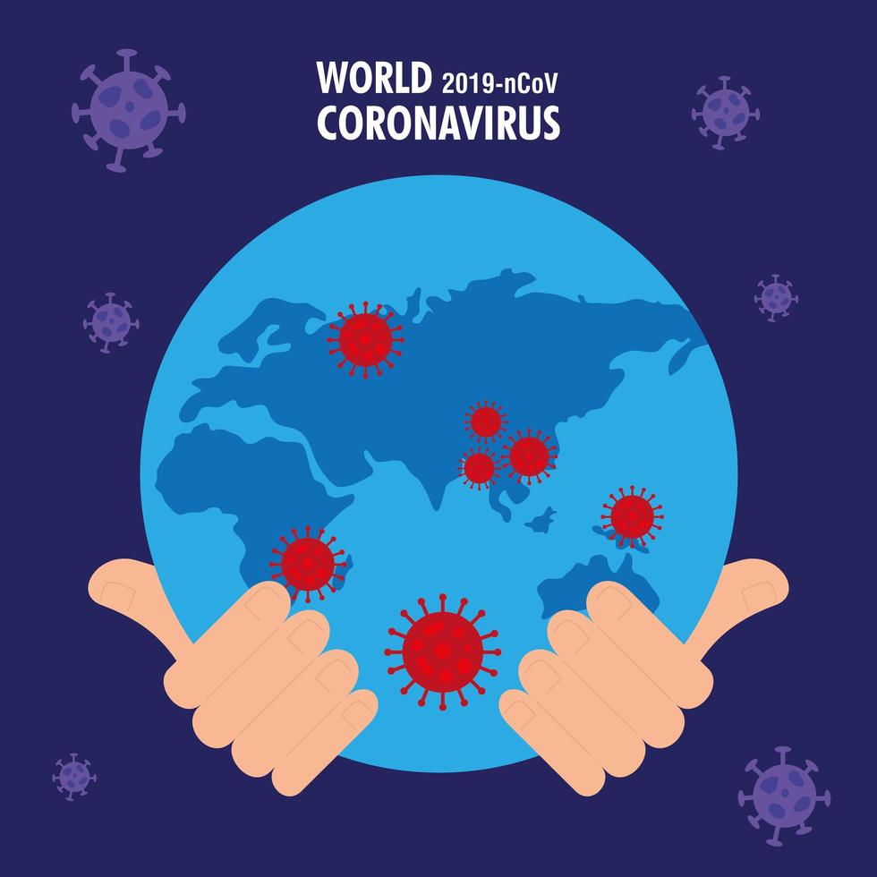 mani che sollevano il pianeta terra con particelle covid19 vettore