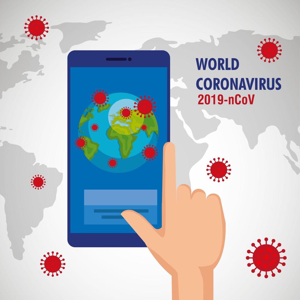 mano umana utilizzando smartphone con il pianeta terra di covid19 vettore