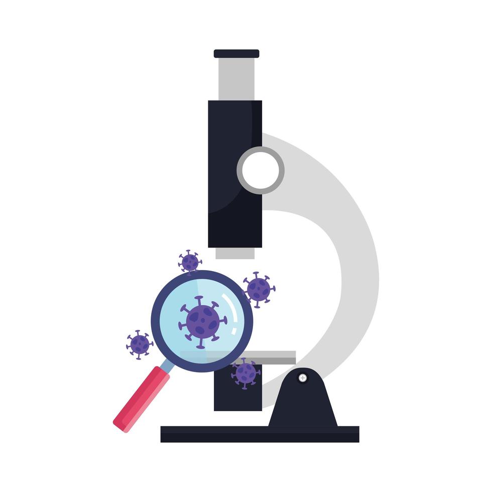 microscopio con particelle covid 19 e lente d'ingrandimento vettore