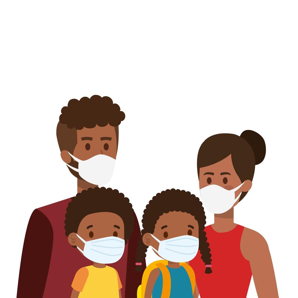 genitori con bambini afro utilizzando maschera facciale vettore