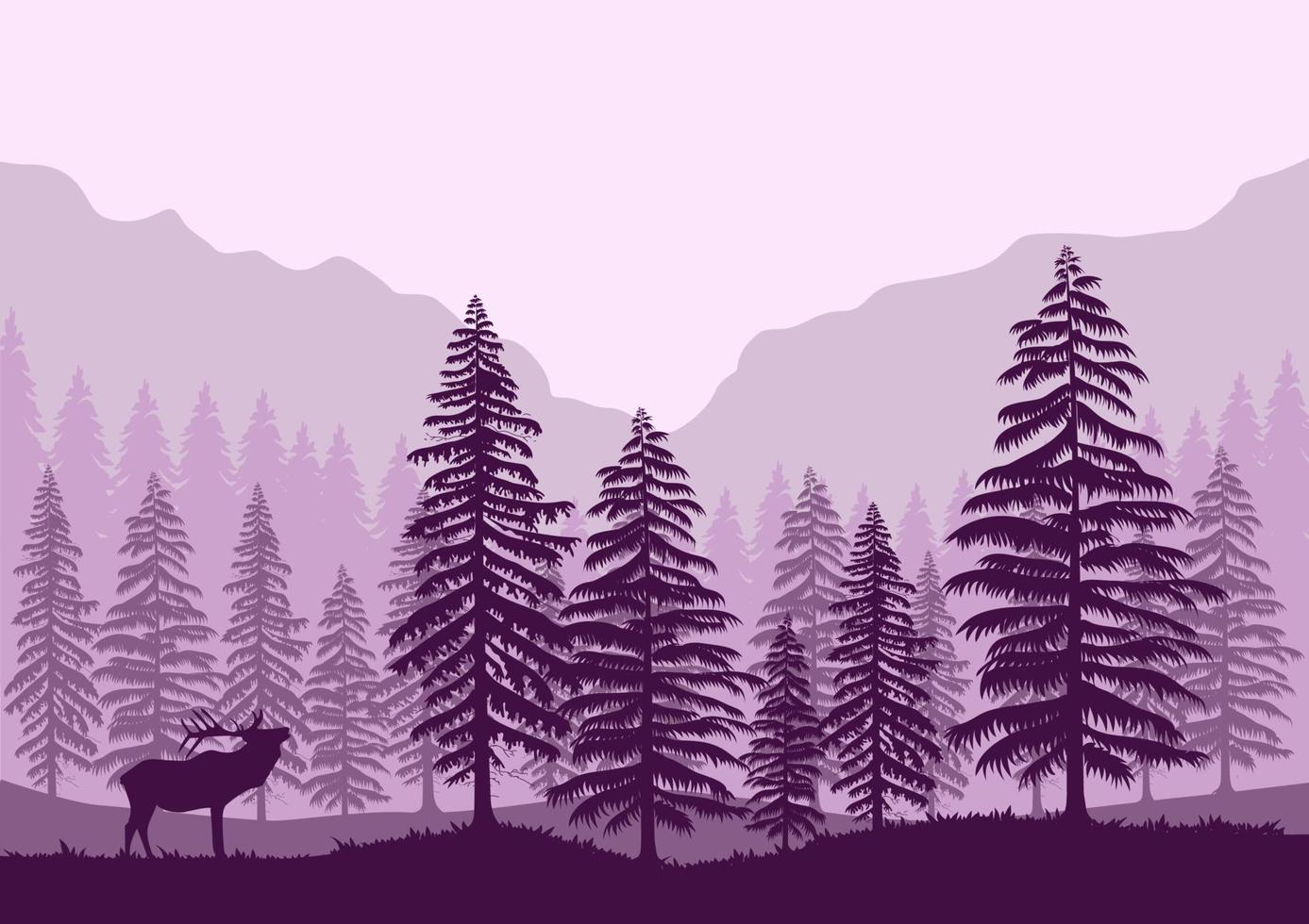 foresta paesaggio e cervo vettore illustrazione con un' viola silhouette